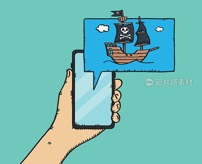 Colorful doodle of hand holding smartphone with pirate ship on comics bubble. Hand drawn vector illustration.